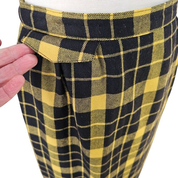 Synonyme 70s Yellow Black Plaid Wool Midi Skirt Size S Side Buttons French Made - Picture 4 of 11